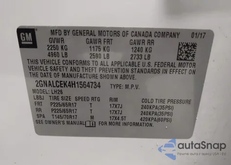 2017 Chevrolet Equinox Lt from USA, damaged, VIN 2GNALCEK4H1564734